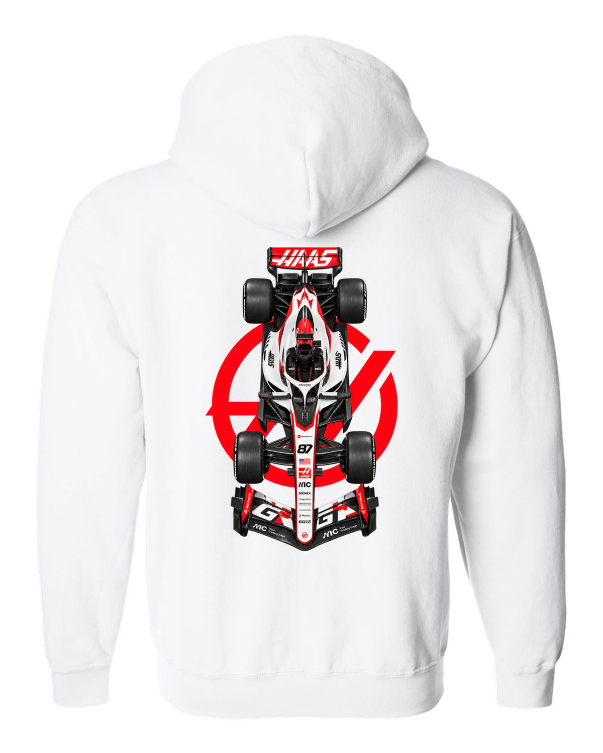 Haas VF-26 Formula 1 overhead poster artwork white zip hoodie back view with the design