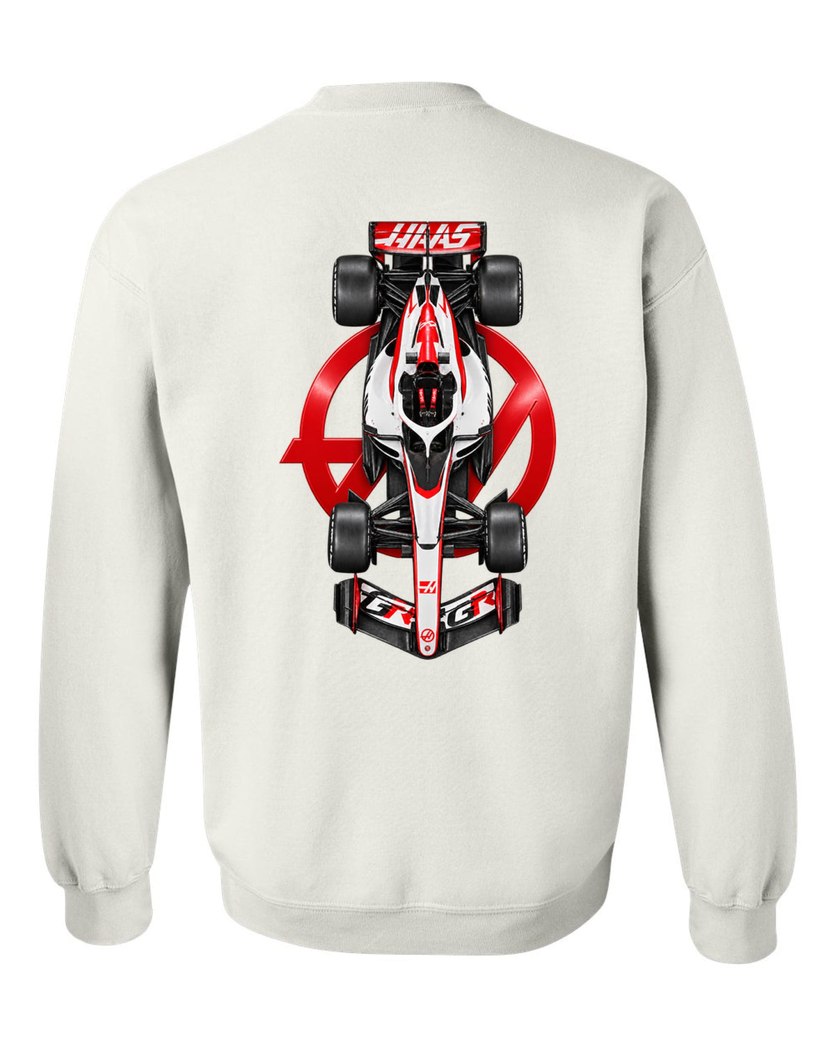 Haas VF-26 Formula 1 overhead poster artwork white crewneck back view with the design