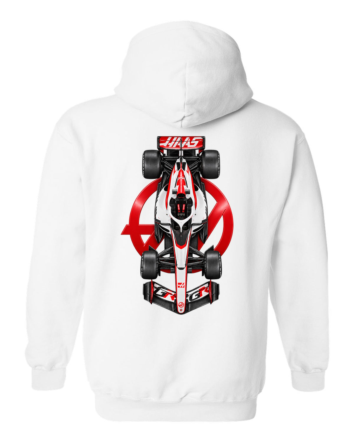 Haas VF-26 Formula 1 overhead poster artwork white pull over hoodie back view with the design
