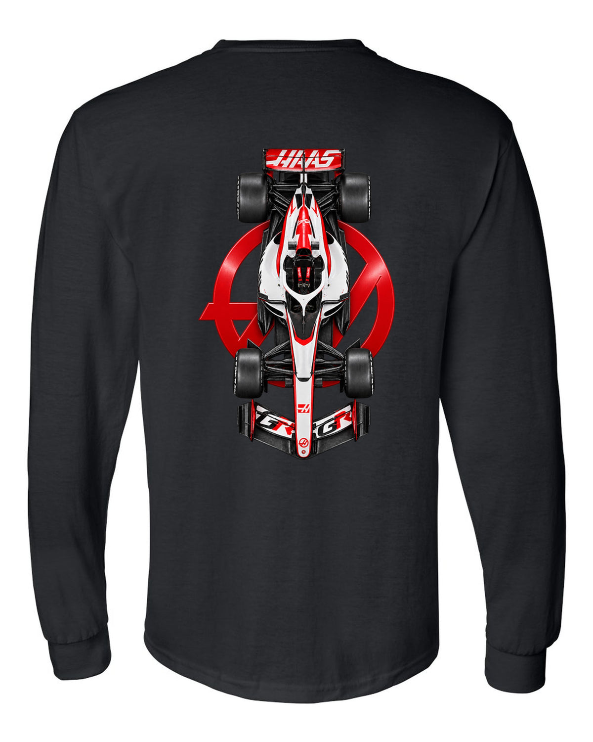 Haas VF-26 Formula 1 overhead poster artwork black long sleeve back view with the design