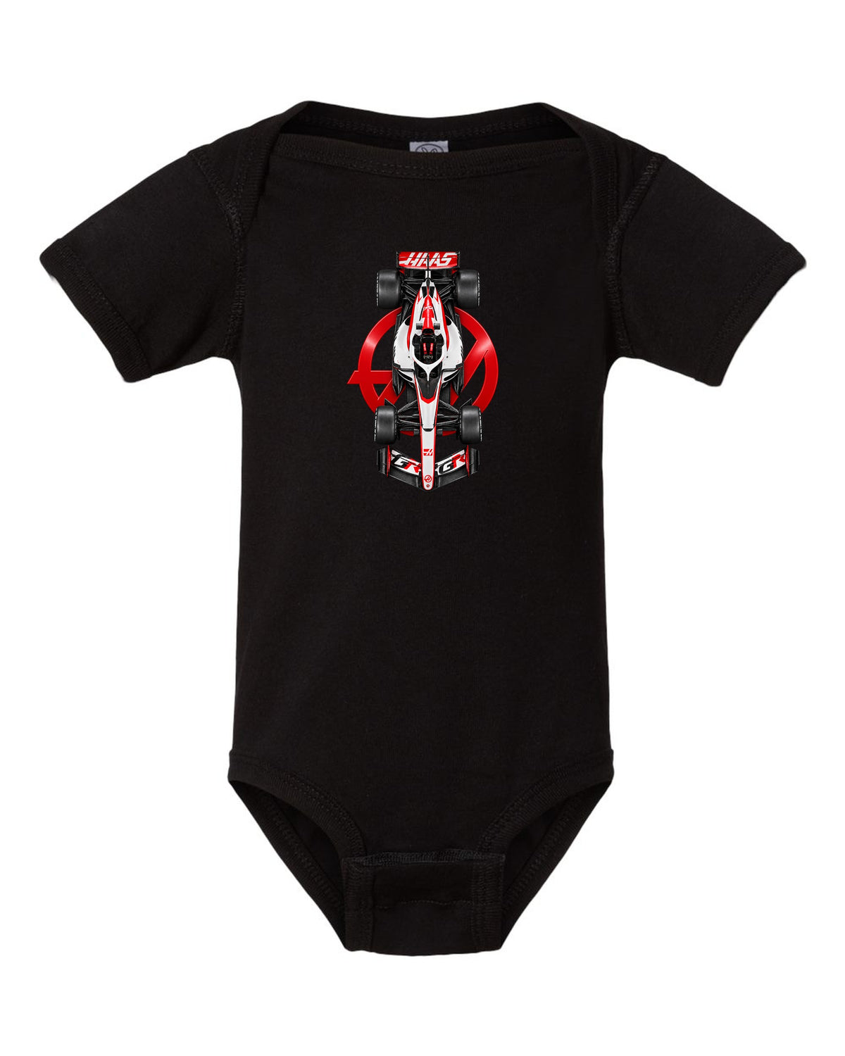 Haas VF-26 Formula 1 overhead poster artwork black baby onesie front view with the design