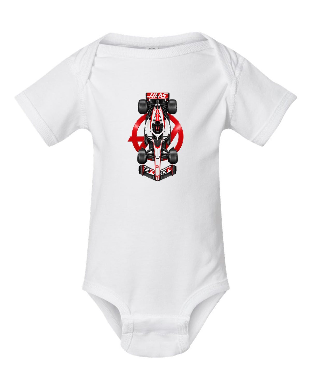 Haas VF-26 Formula 1 overhead poster artwork white baby onesie front view with the design