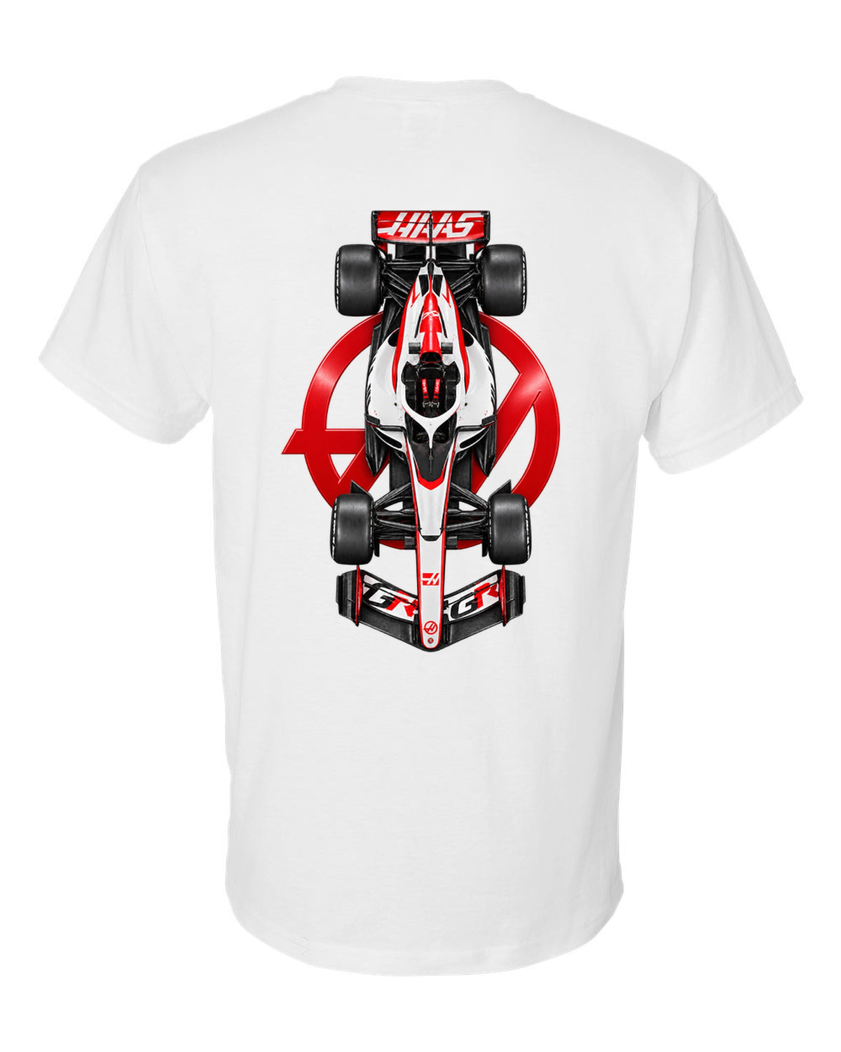 Haas VF-26 Formula 1 overhead poster artwork white t-shirt back view with the design