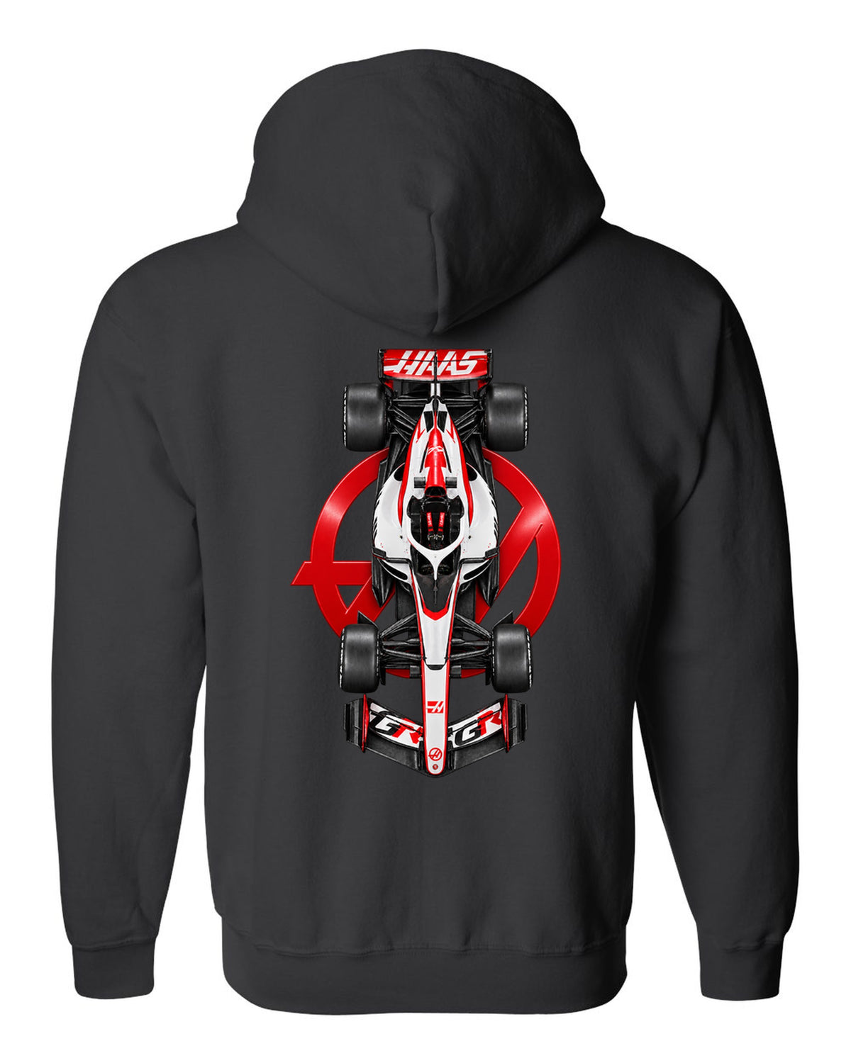 Haas VF-26 Formula 1 overhead poster artwork black zip hoodie back view with the design