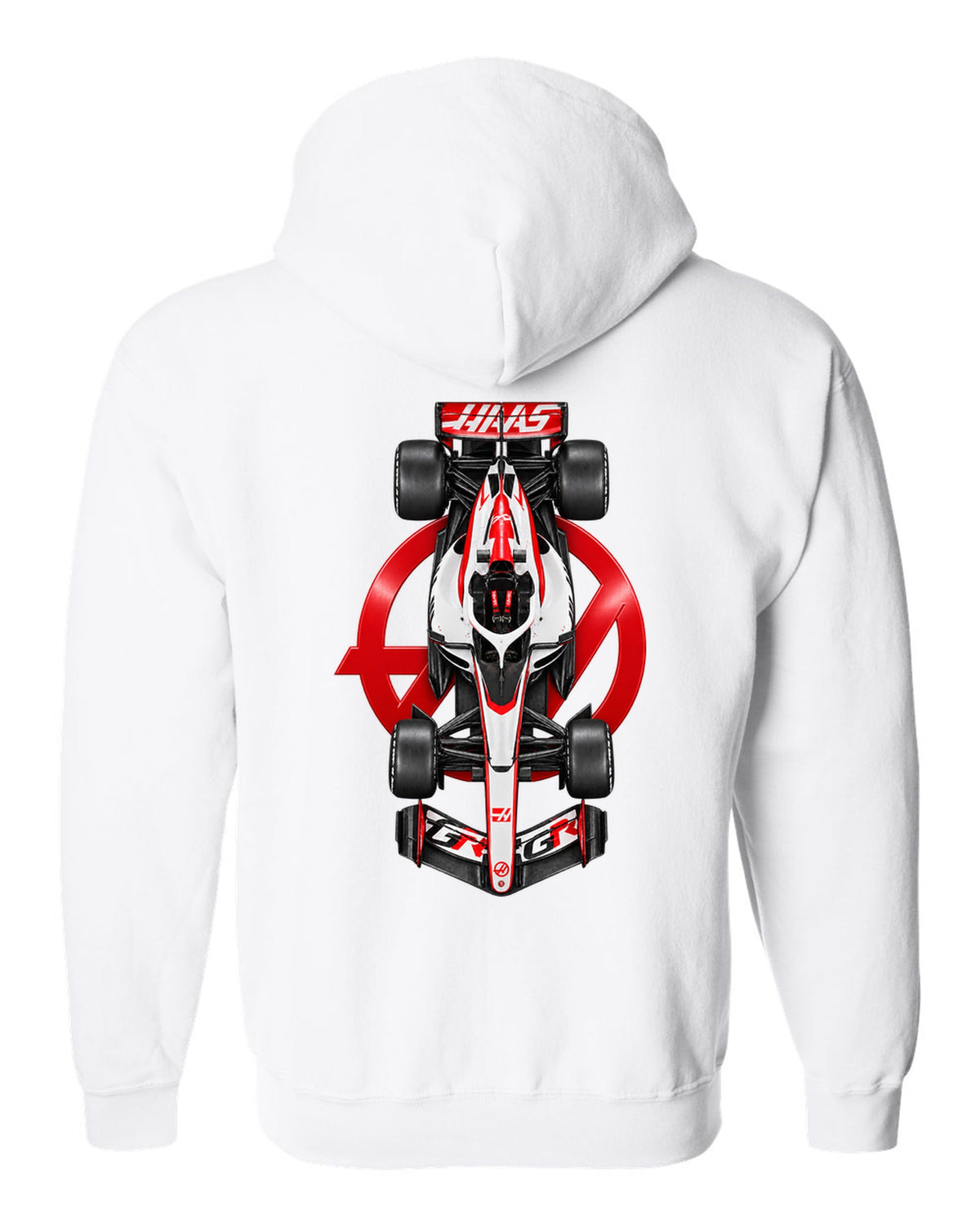 Haas VF-26 Formula 1 overhead poster artwork white zip hoodie back view with the design