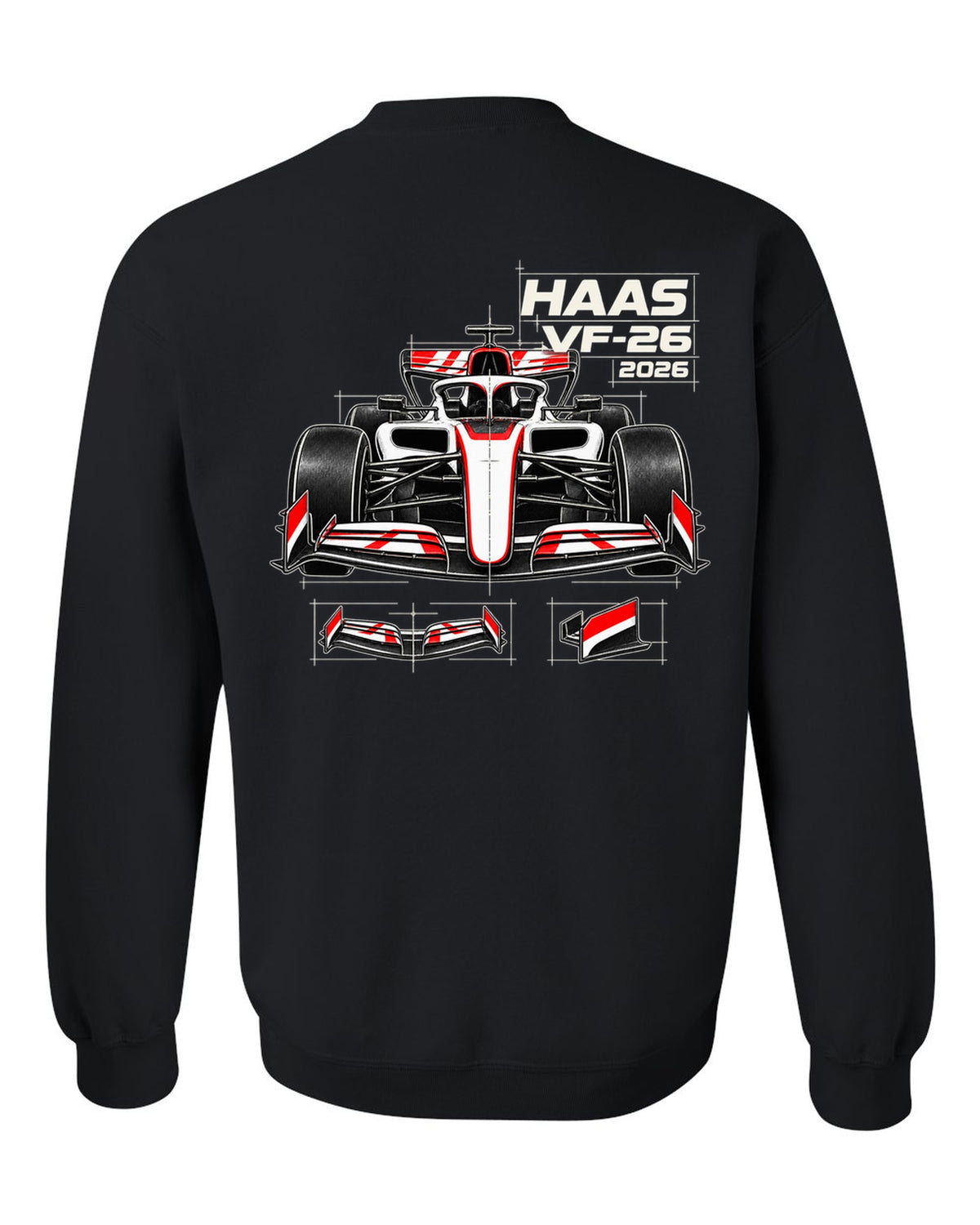Haas VF-26 2026 F1 car technical poster artwork black crewneck back view with the design