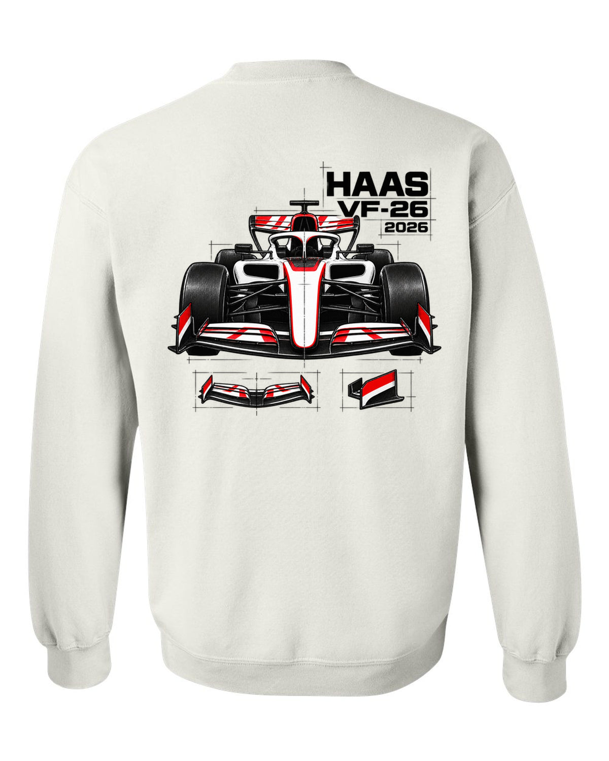 Haas VF-26 2026 F1 car technical poster artwork white crewneck back view with the design