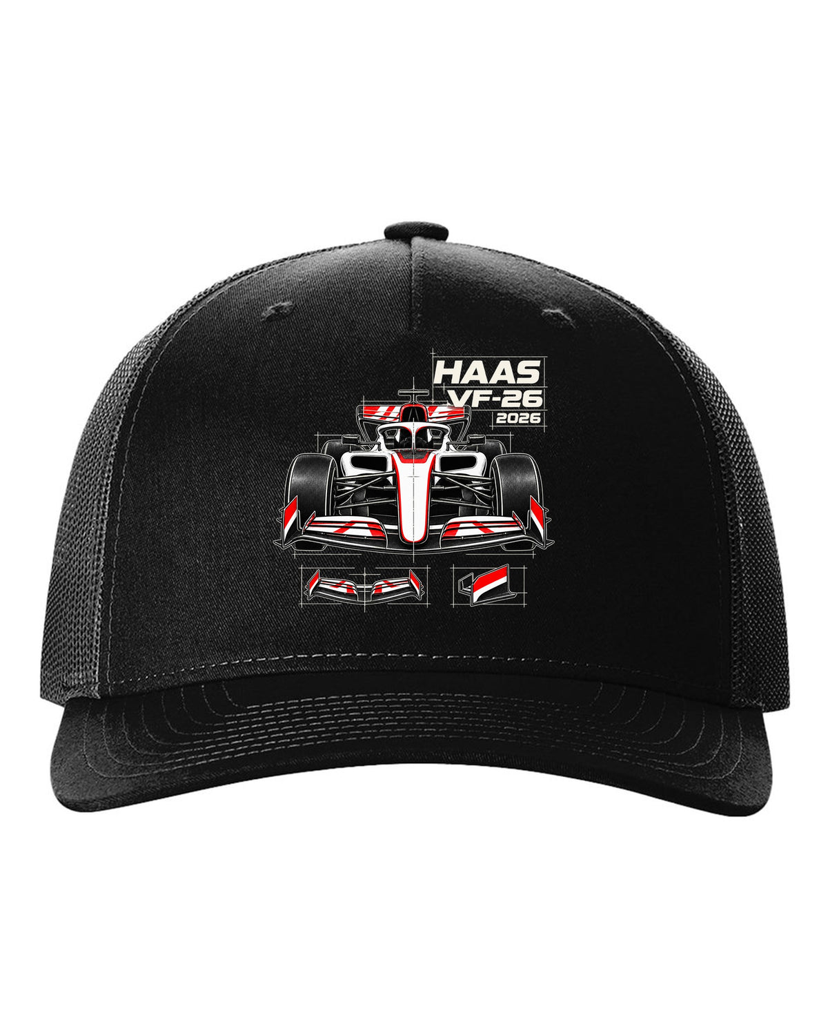Haas VF-26 2026 F1 car technical poster artwork black hat front view with the design