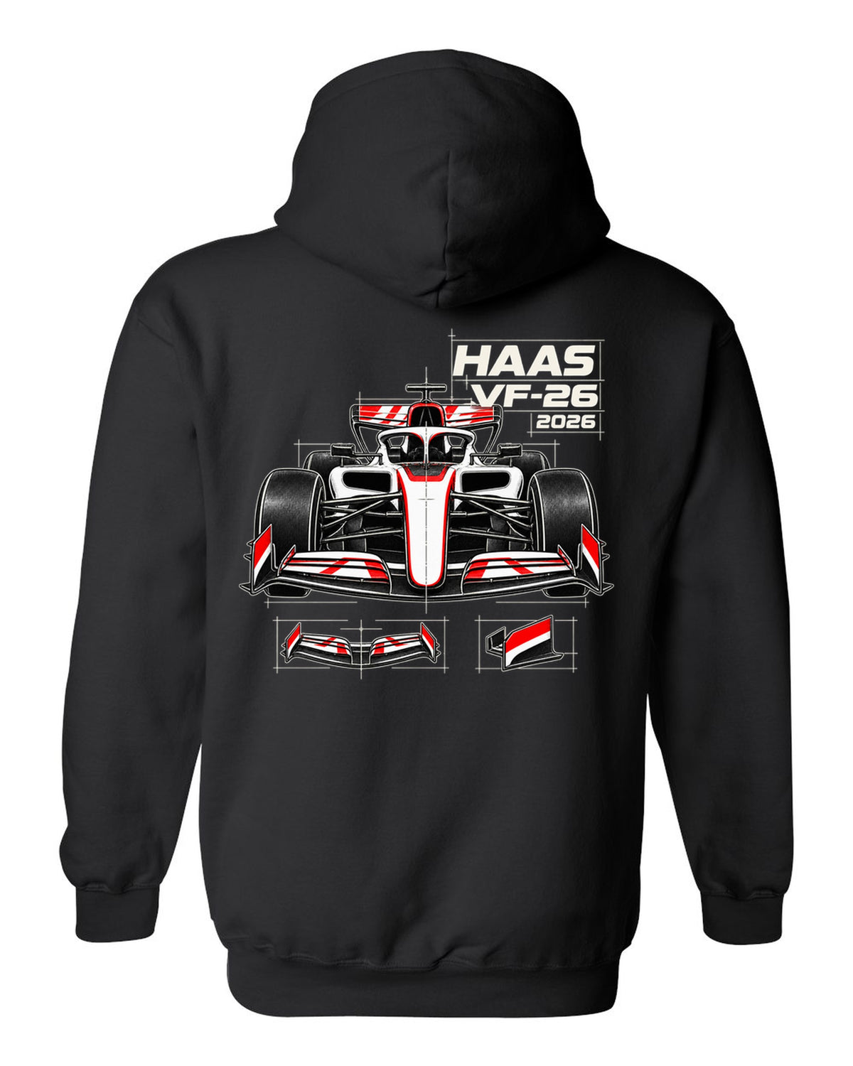 Haas VF-26 2026 F1 car technical poster artwork black pull over hoodie back view with the design