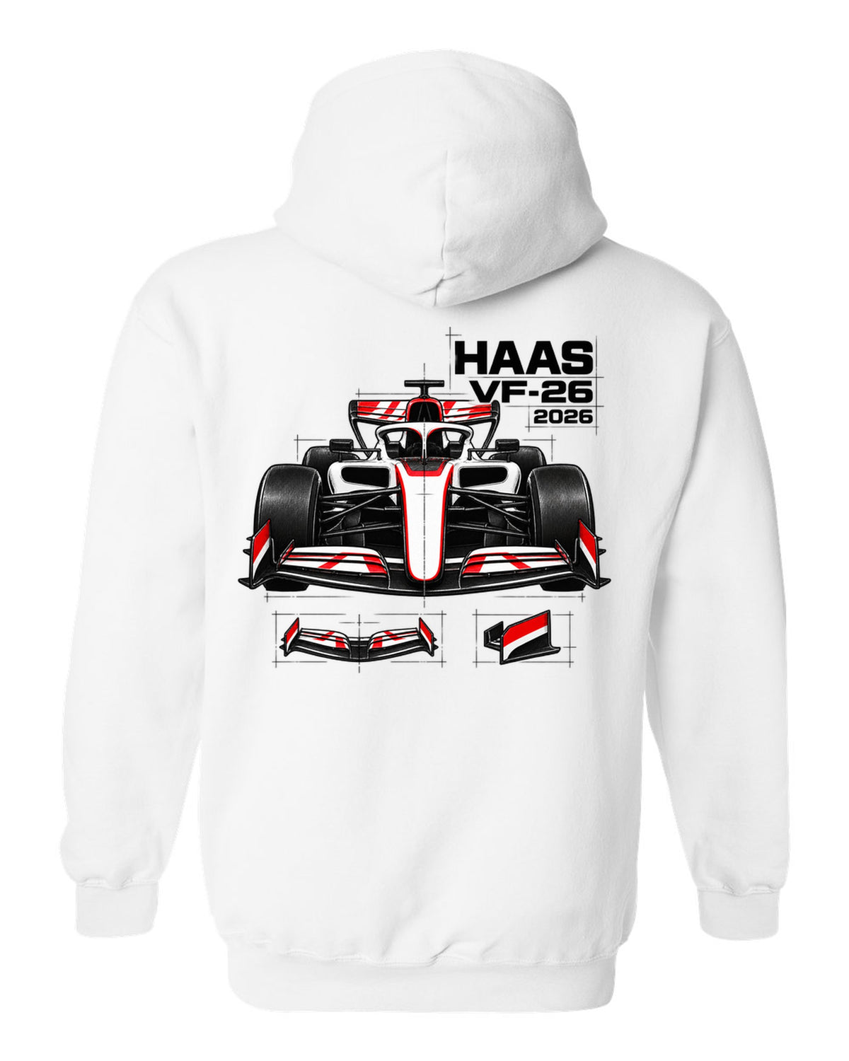 Haas VF-26 2026 F1 car technical poster artwork white pull over hoodie back view with the design