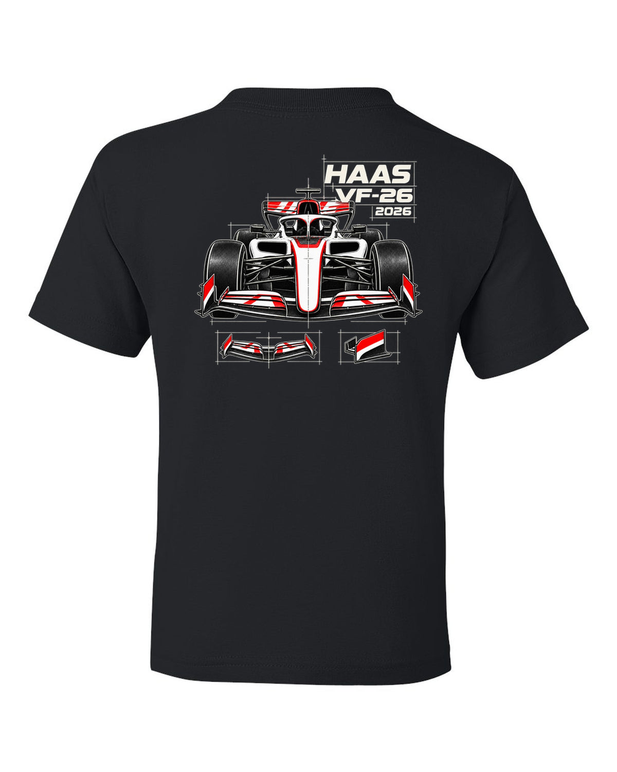 Haas VF-26 2026 F1 car technical poster artwork black kids tee back view with the design