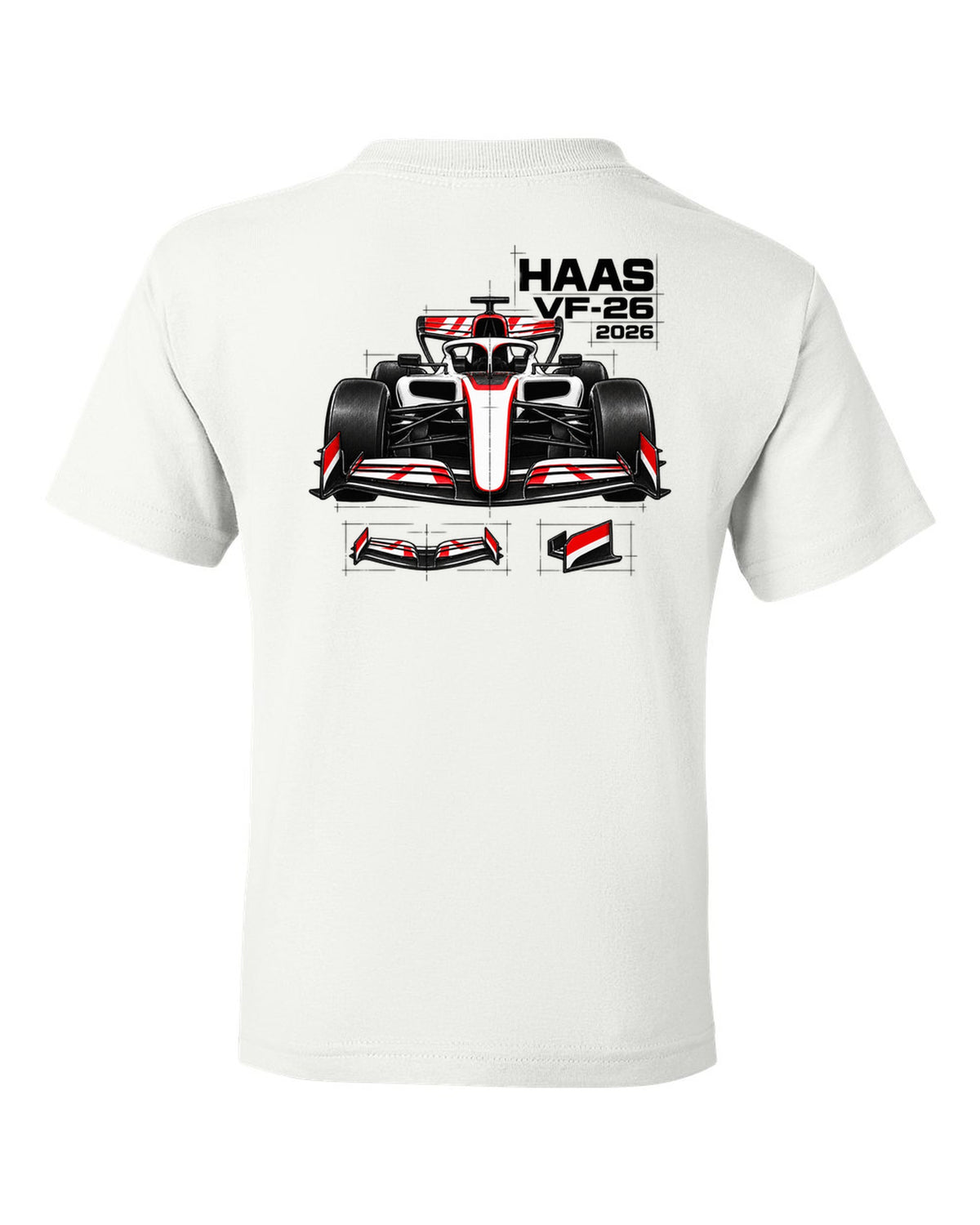 Haas VF-26 2026 F1 car technical poster artwork white kids tee back view with the design