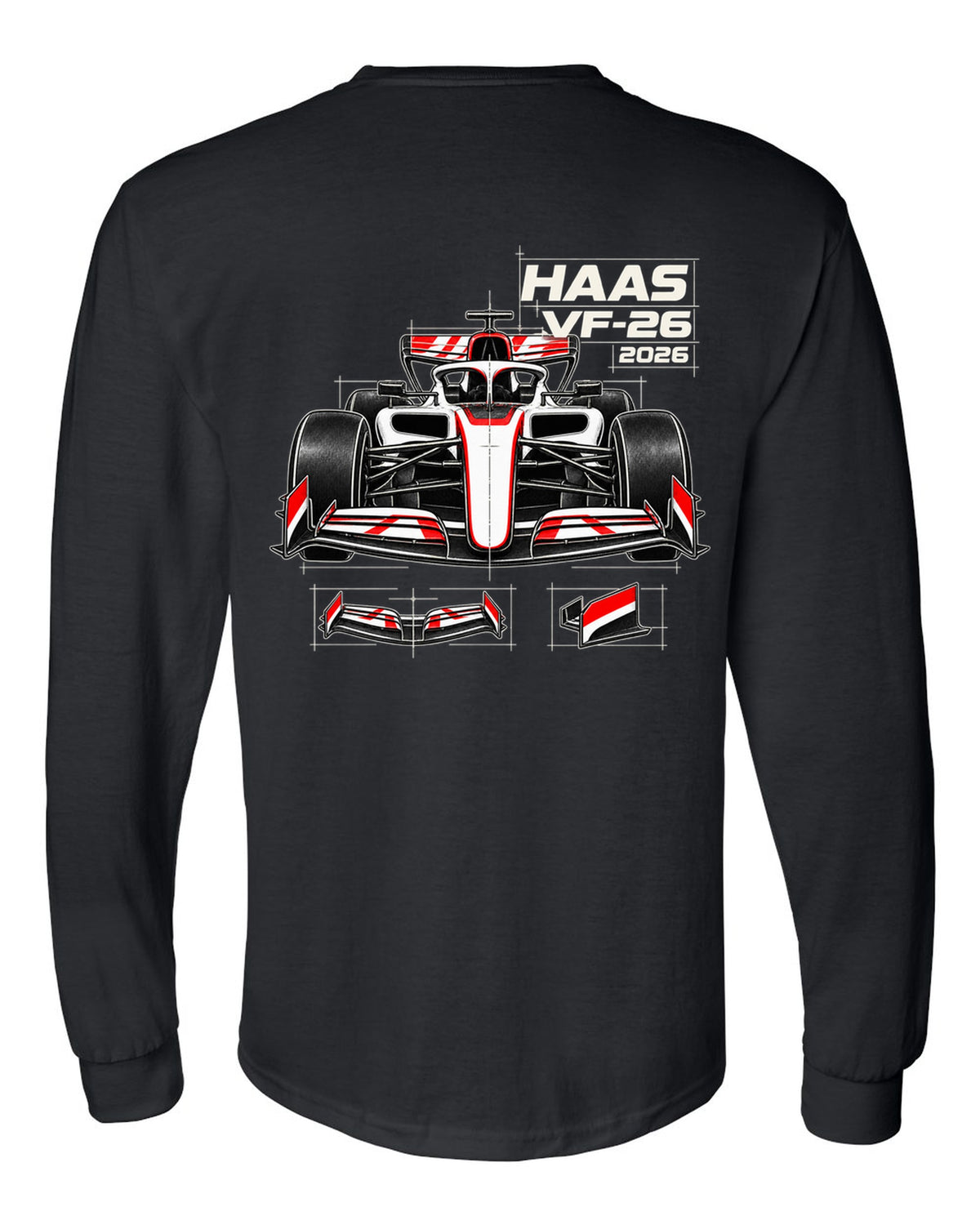 Haas VF-26 2026 F1 car technical poster artwork black long sleeve back view with the design