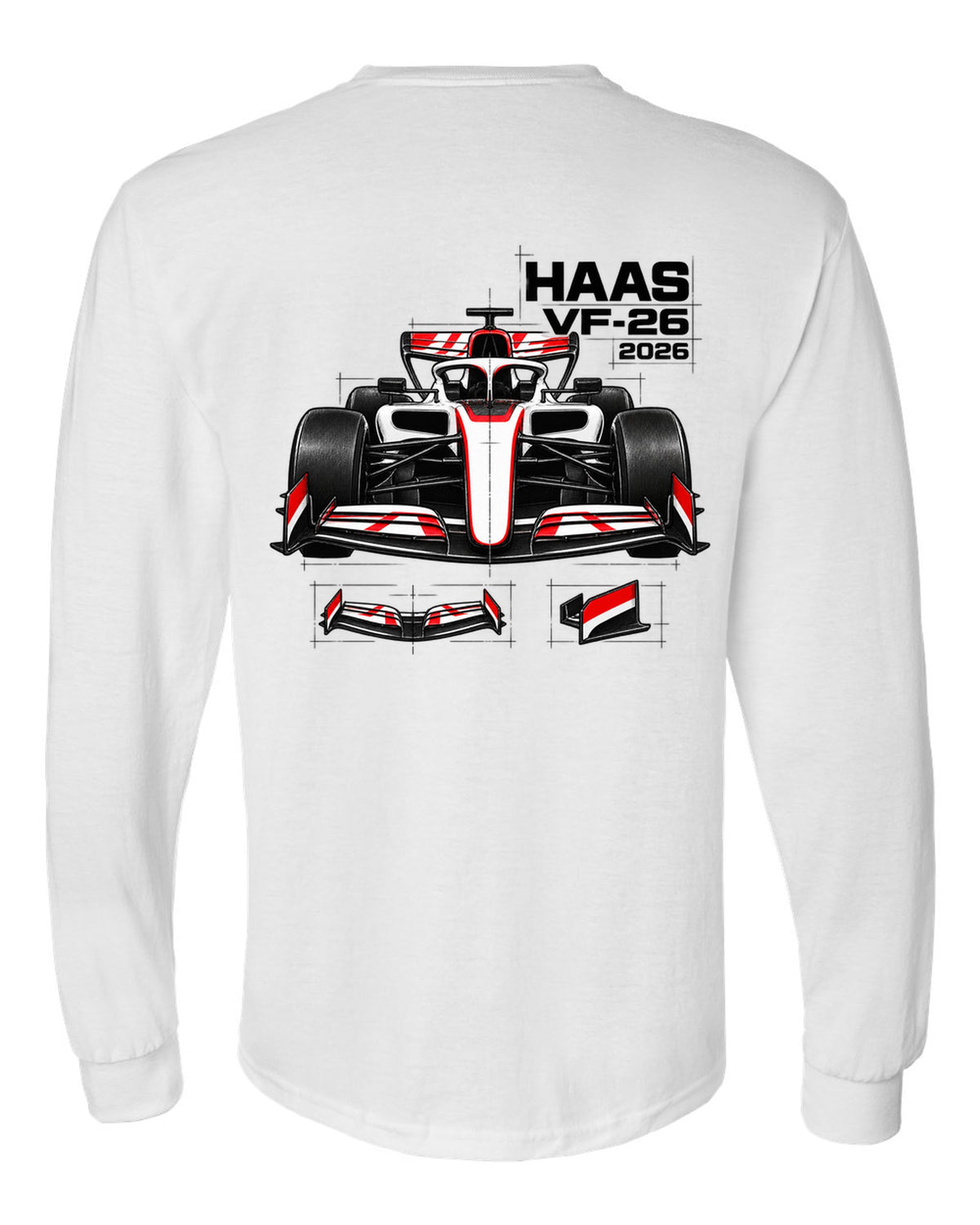 Haas VF-26 2026 F1 car technical poster artwork white long sleeve back view with the design