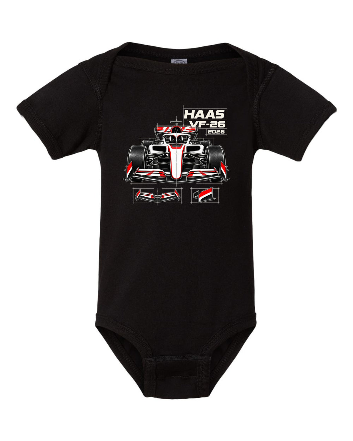 Haas VF-26 2026 F1 car technical poster artwork black baby onesie front view with the design