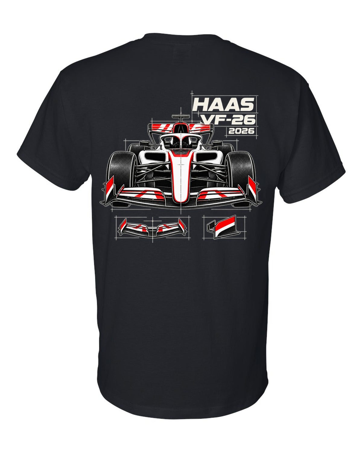Haas VF-26 2026 F1 car technical poster artwork black t-shirt back view with the design