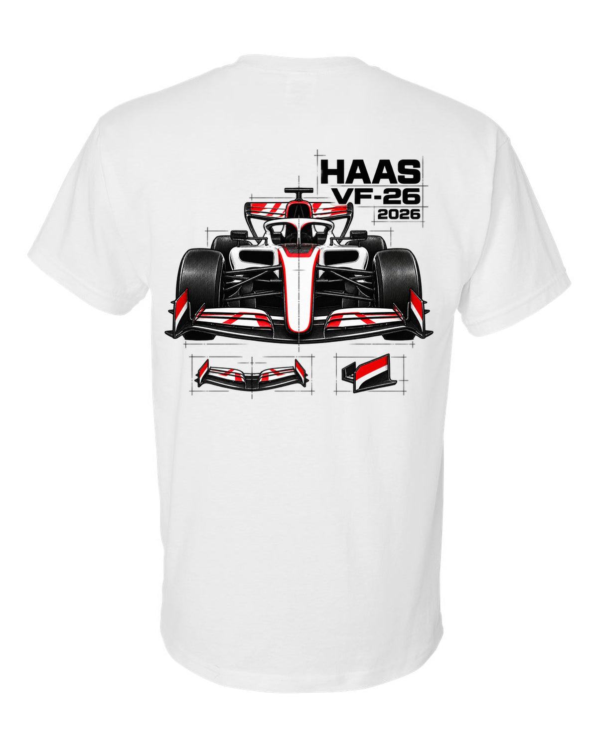 Haas VF-26 2026 F1 car technical poster artwork white t-shirt back view with the design