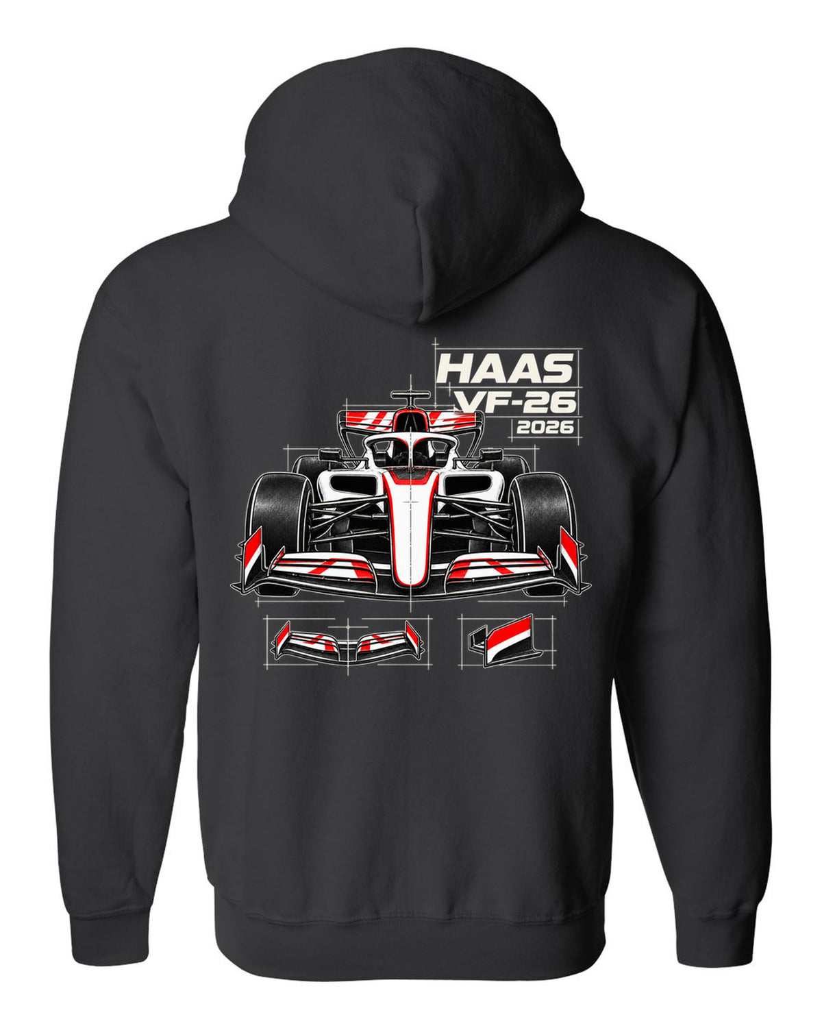 Haas VF-26 2026 F1 car technical poster artwork black zip hoodie back view with the design