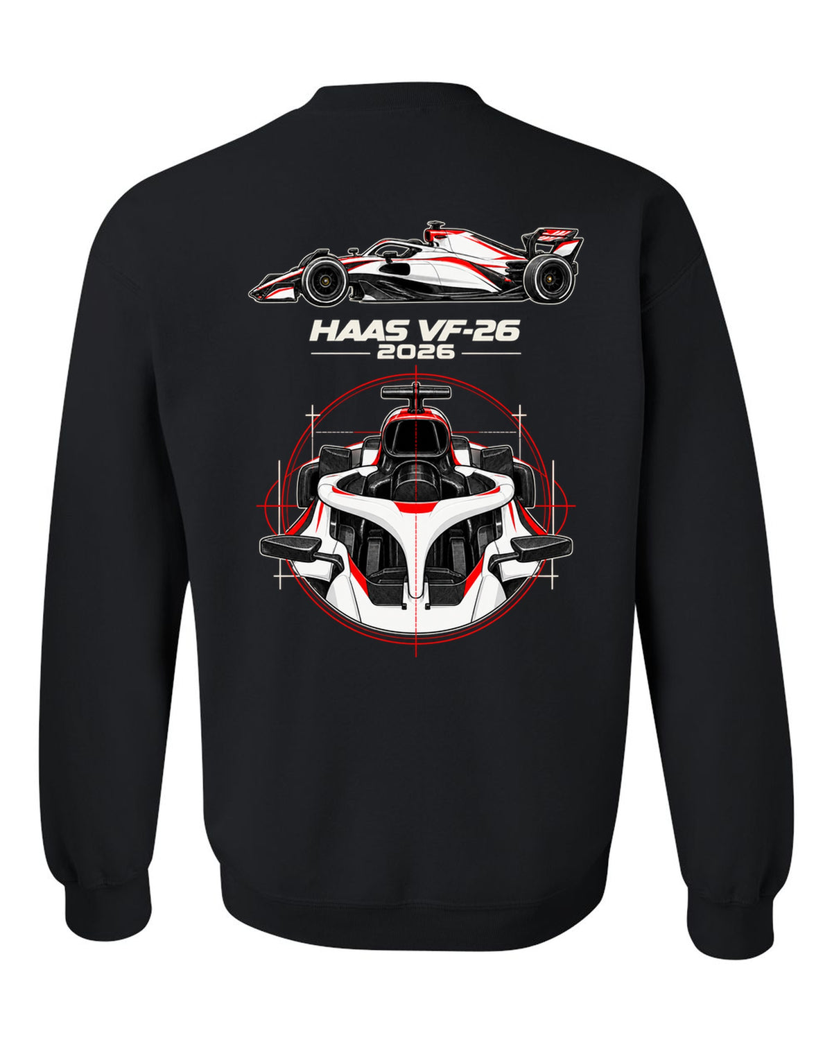 Haas VF-26 2026 F1 car technical poster artwork black crewneck back view with the design