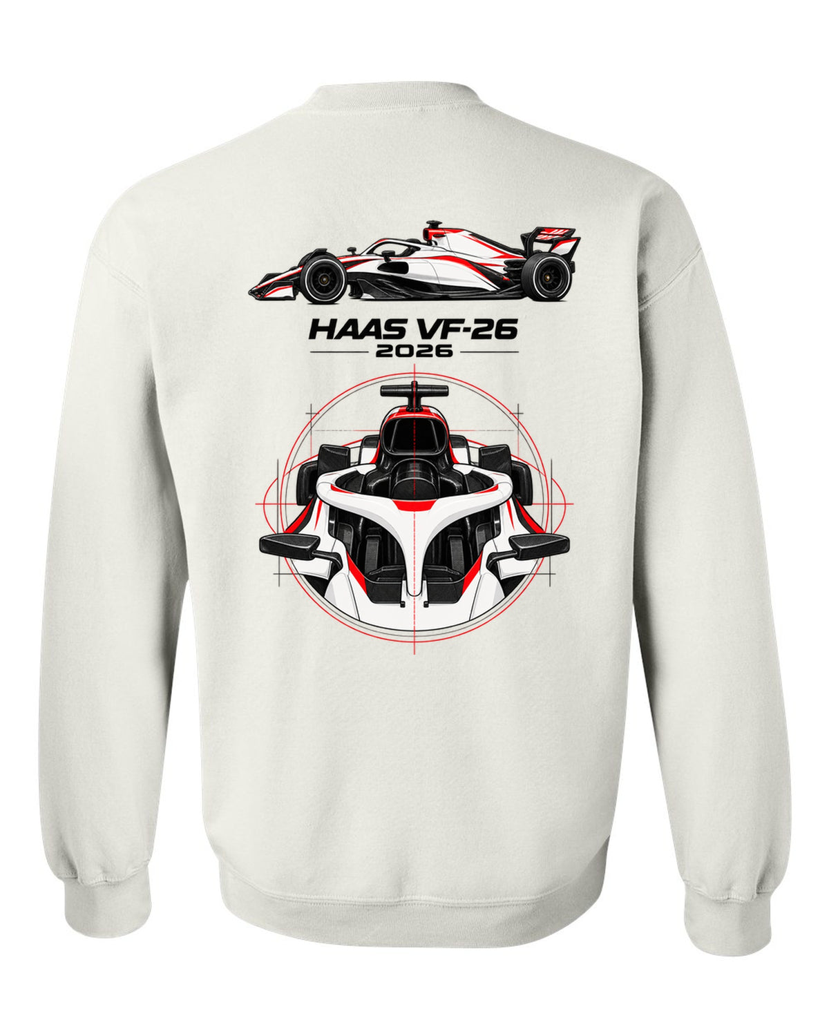 Haas VF-26 2026 F1 car technical poster artwork white crewneck back view with the design