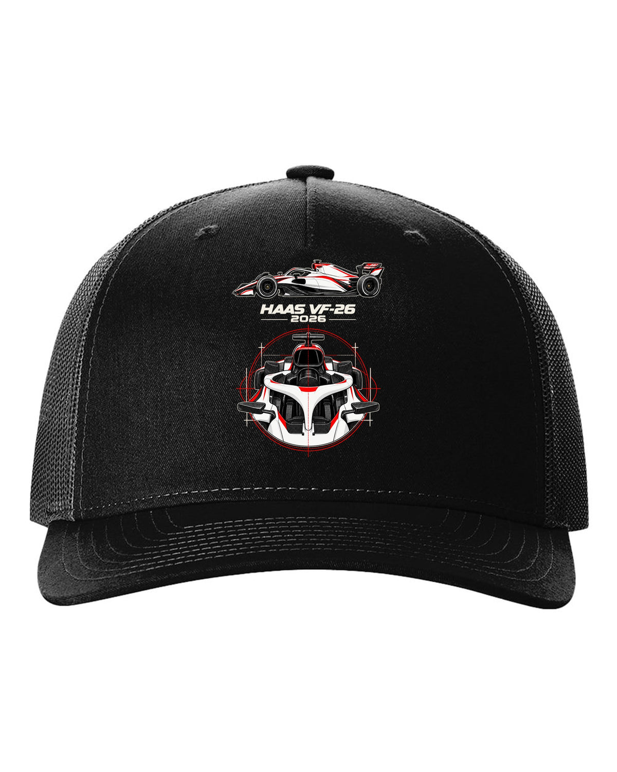 Haas VF-26 2026 F1 car technical poster artwork black hat front view with the design