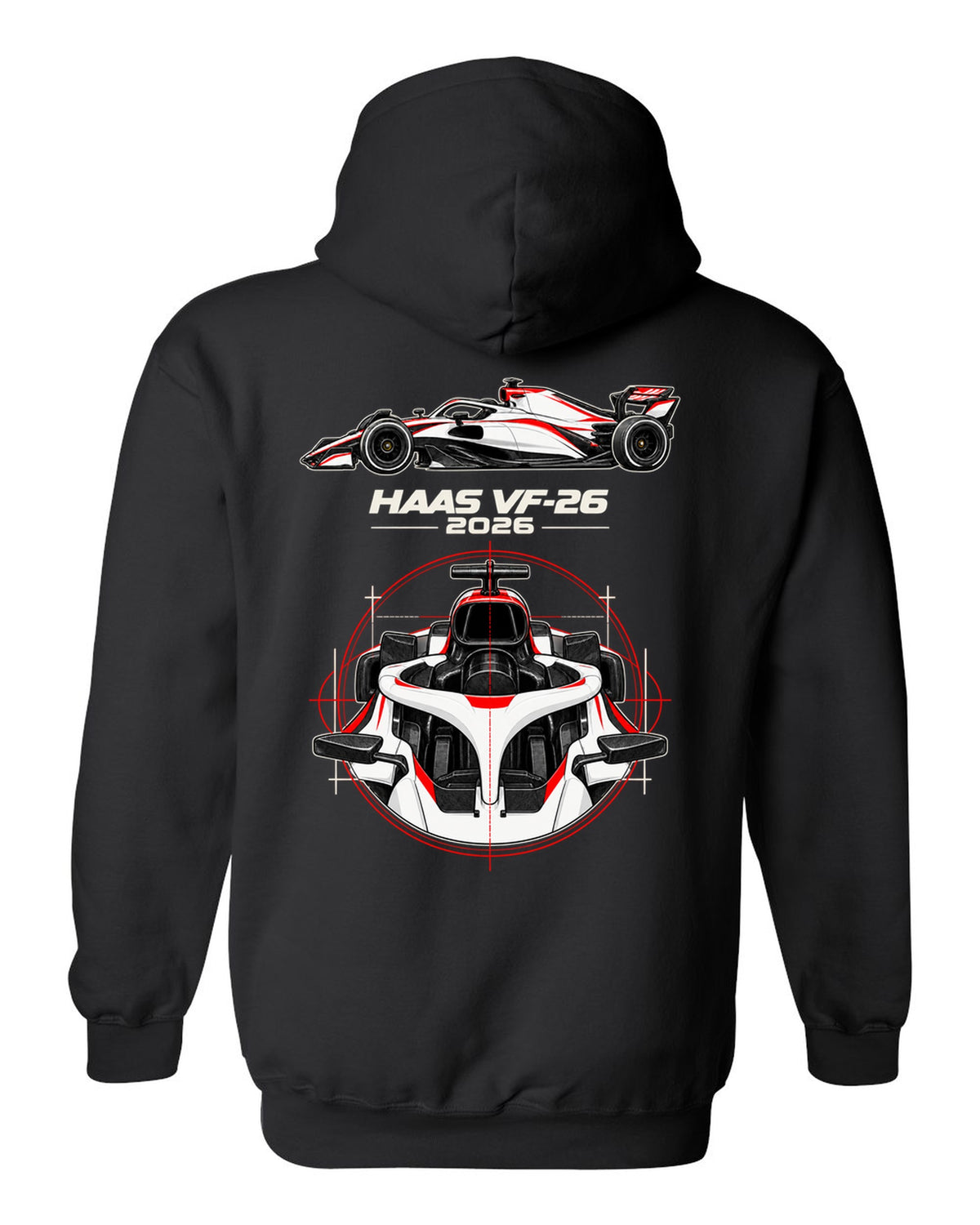 Haas VF-26 2026 F1 car technical poster artwork black pull over hoodie back view with the design