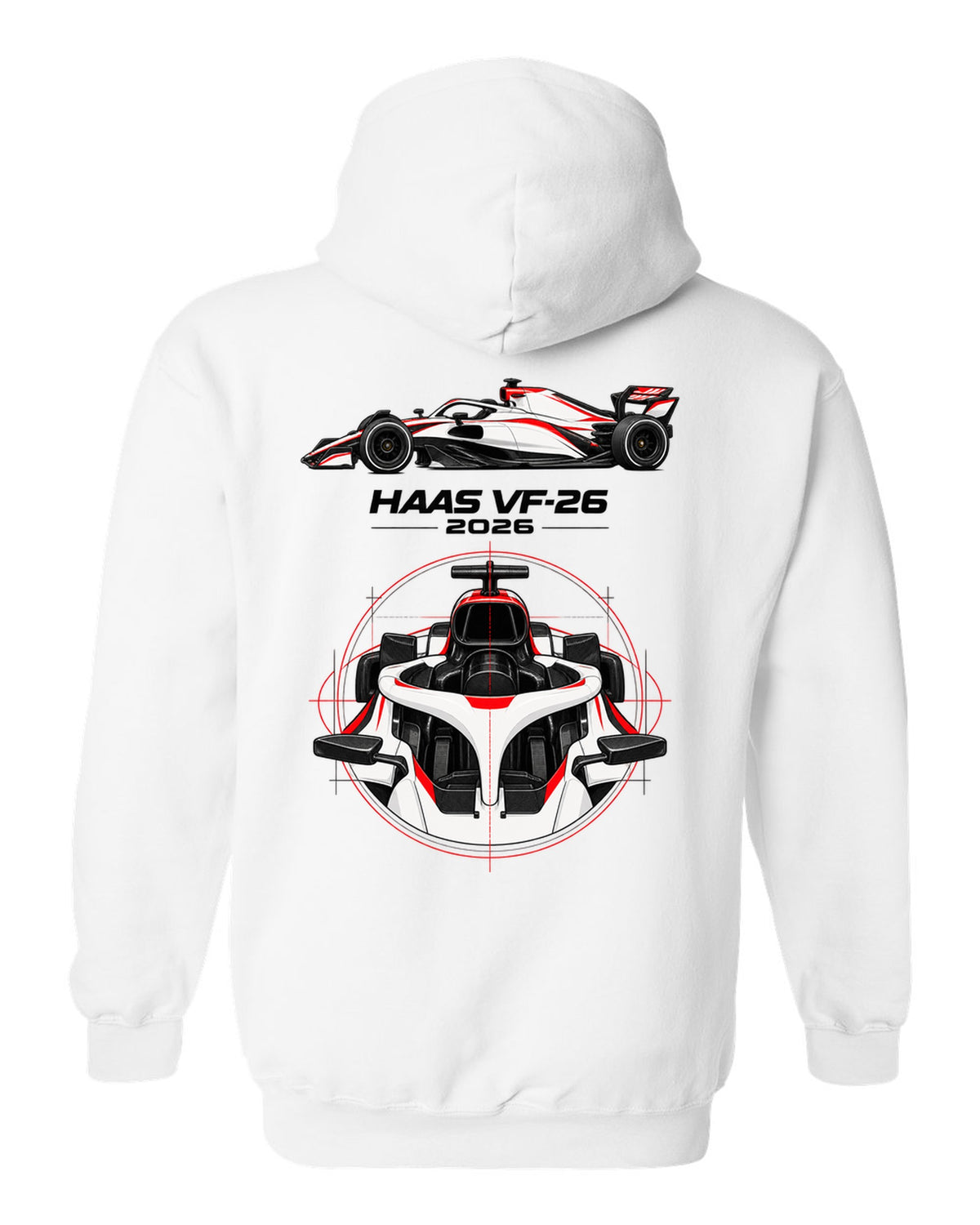 Haas VF-26 2026 F1 car technical poster artwork white pull over hoodie back view with the design