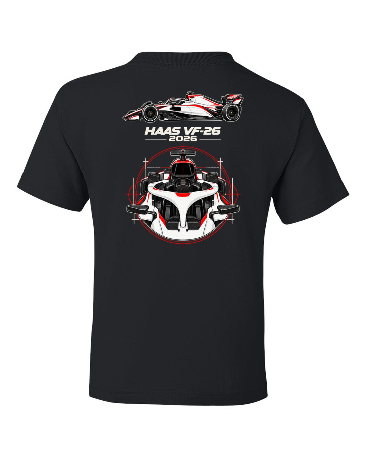 Haas VF-26 2026 F1 car technical poster artwork black kids tee back view with the design