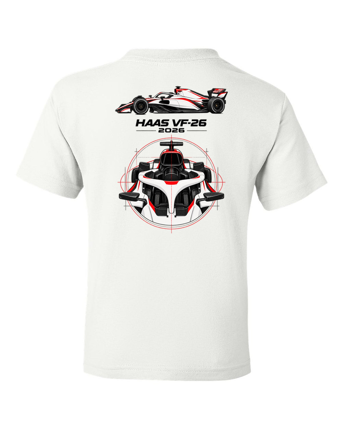 Haas VF-26 2026 F1 car technical poster artwork white kids tee back view with the design