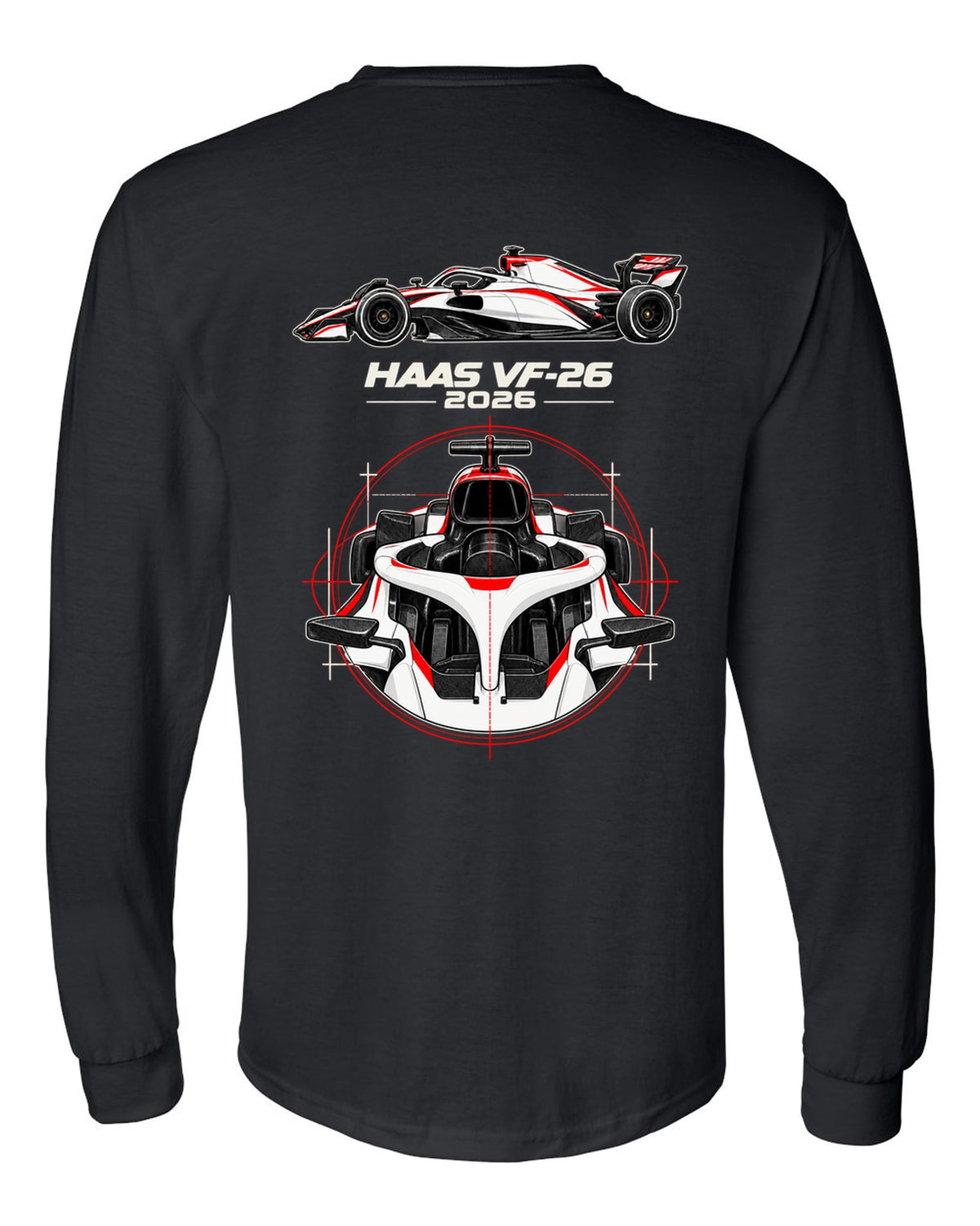 Haas VF-26 2026 F1 car technical poster artwork black long sleeve back view with the design