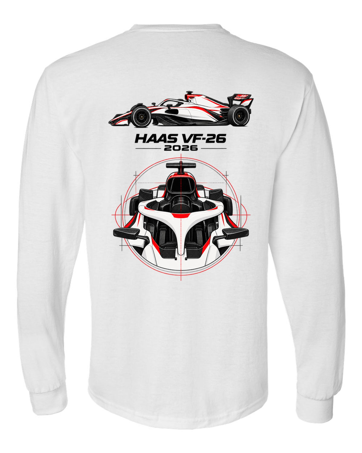 Haas VF-26 2026 F1 car technical poster artwork white long sleeve back view with the design