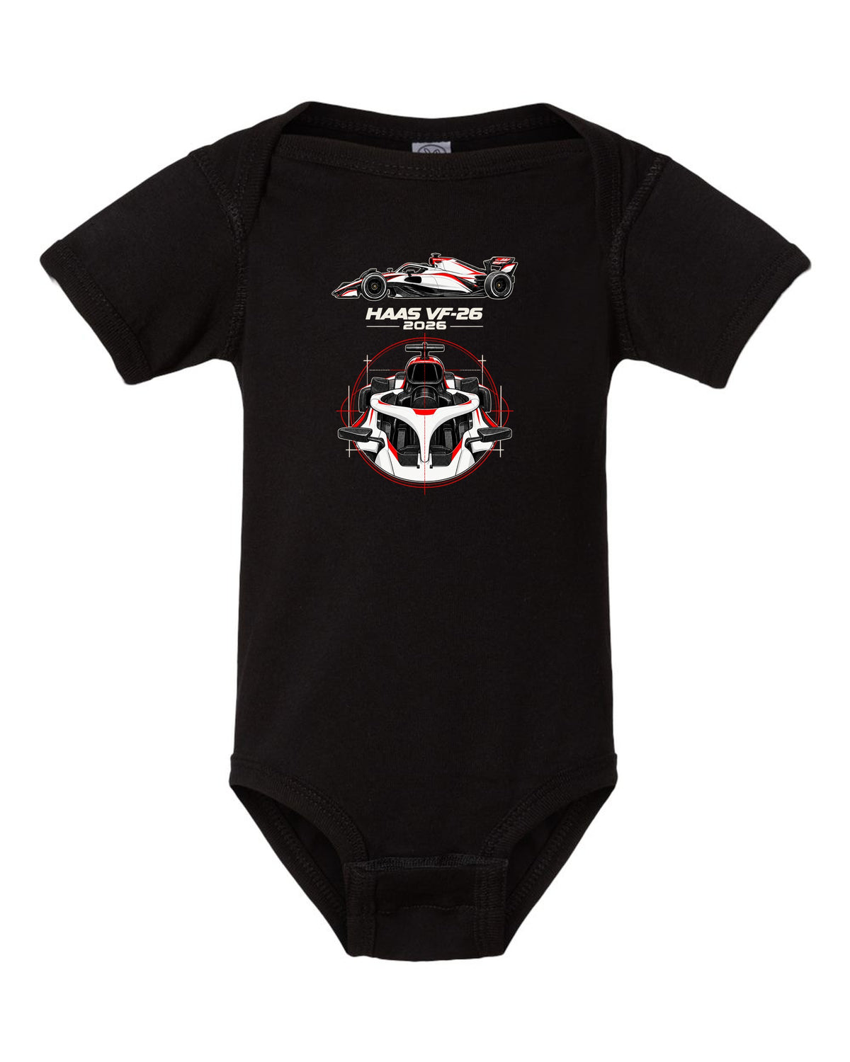 Haas VF-26 2026 F1 car technical poster artwork black baby onesie front view with the design