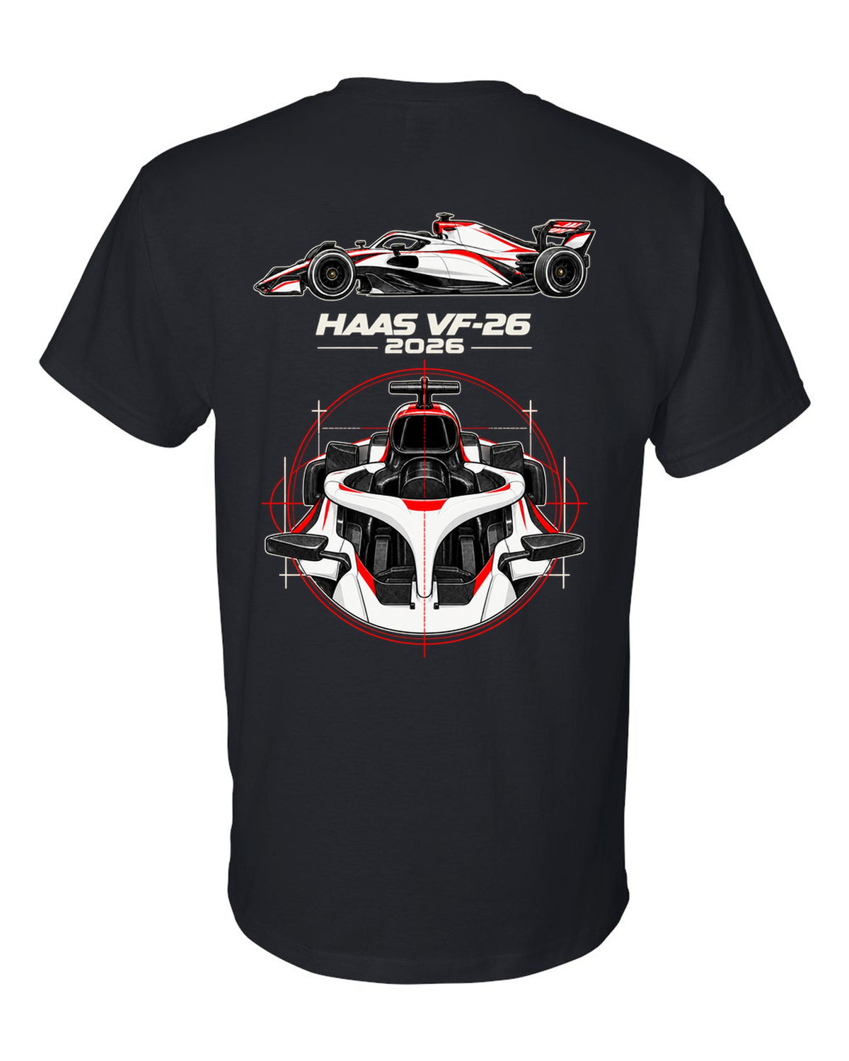 Haas VF-26 2026 F1 car technical poster artwork black t-shirt back view with the design