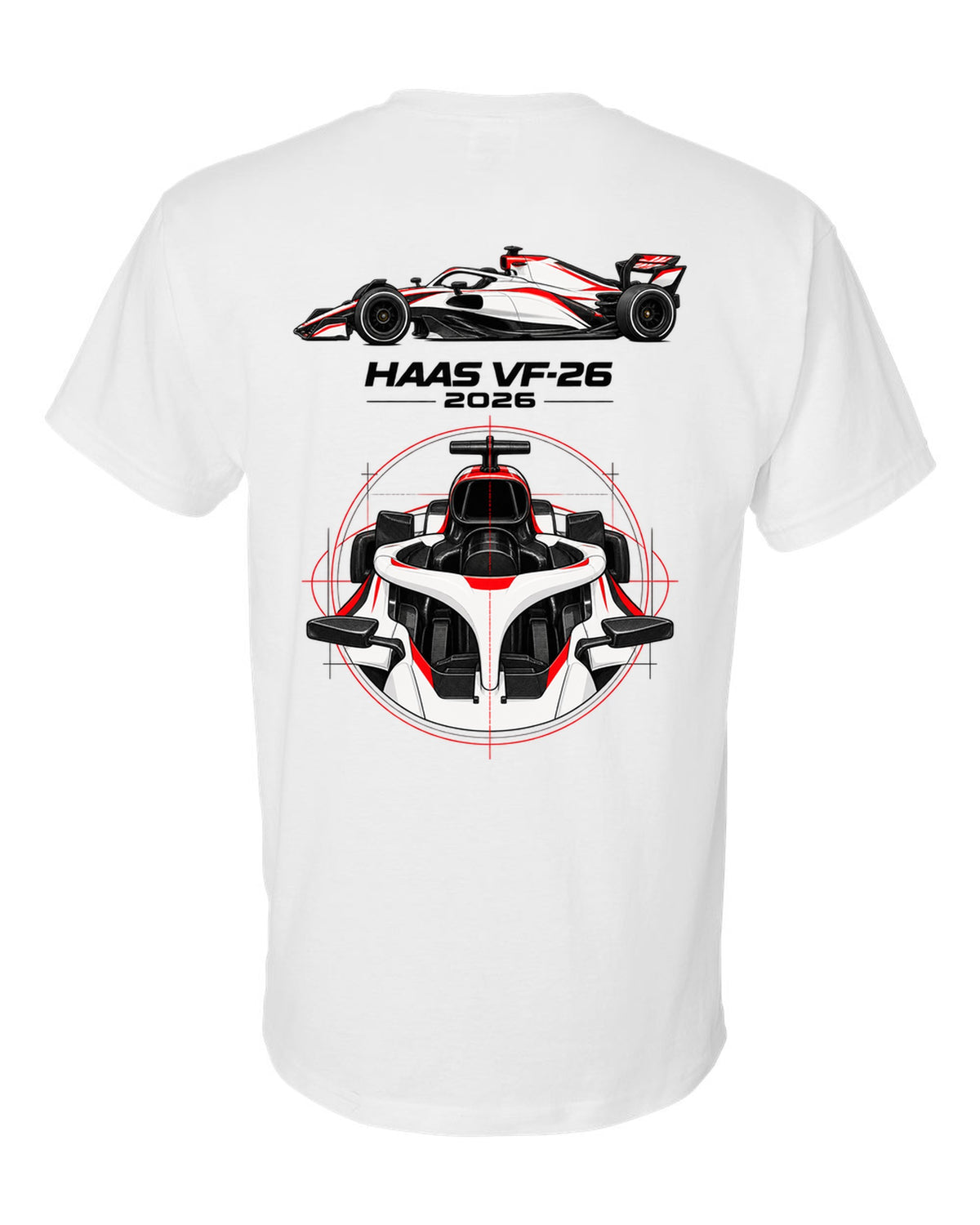 Haas VF-26 2026 F1 car technical poster artwork white t-shirt back view with the design