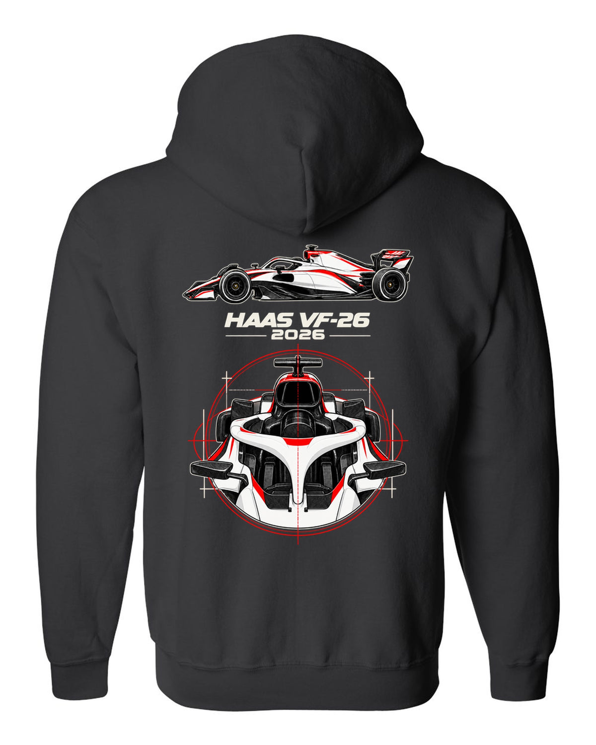 Haas VF-26 2026 F1 car technical poster artwork black zip hoodie back view with the design