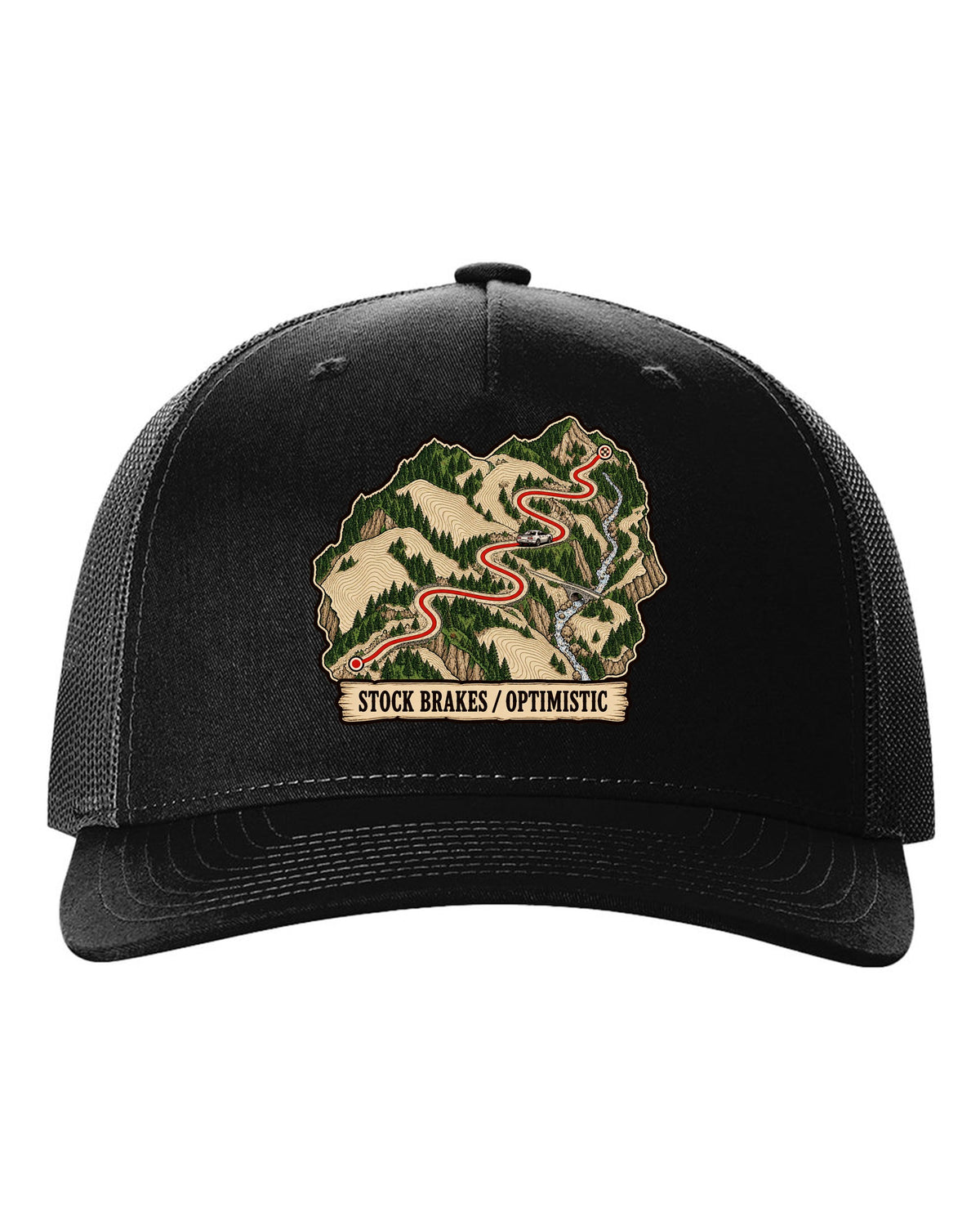 Topographic route map print of a mountain pass for the Nissan Skyline GT-R R32 BNR32 black hat front view with the design