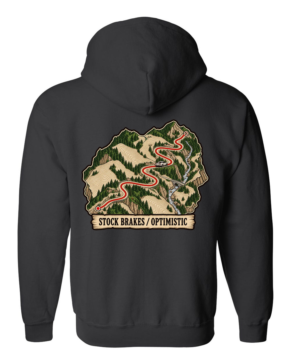 Topographic route map print of a mountain pass for the Nissan Skyline GT-R R32 BNR32 black zip hoodie back view with the design