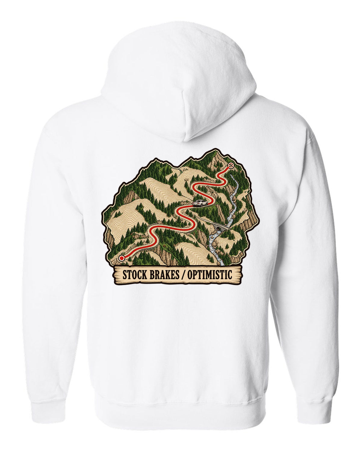 Topographic route map print of a mountain pass for the Nissan Skyline GT-R R32 BNR32 white zip hoodie back view with the design