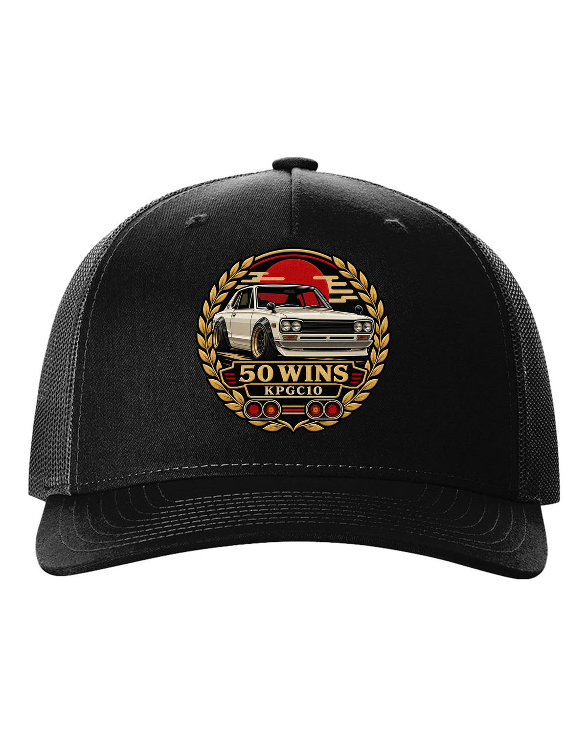 Round crest print for the Skyline Hakosuka KPGC10 with 50 Wins lettering black hat front view with the design
