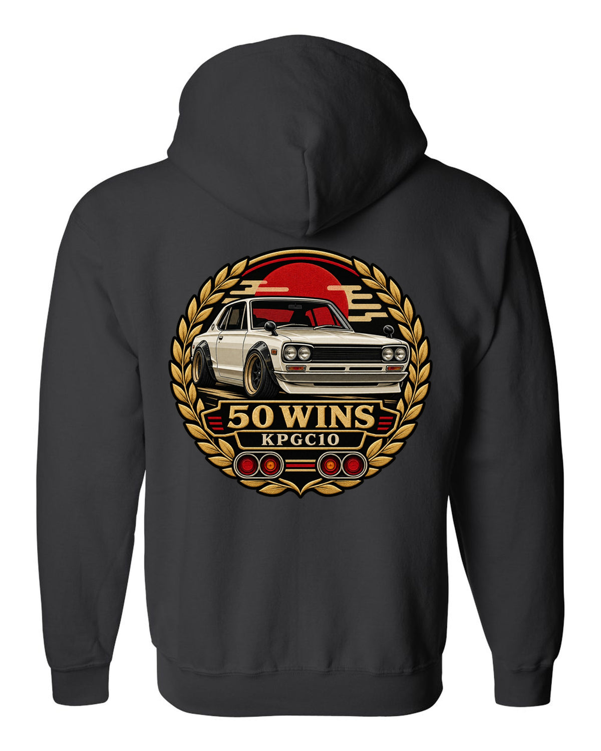 Round crest print for the Skyline Hakosuka KPGC10 with 50 Wins lettering black zip hoodie back view with the design