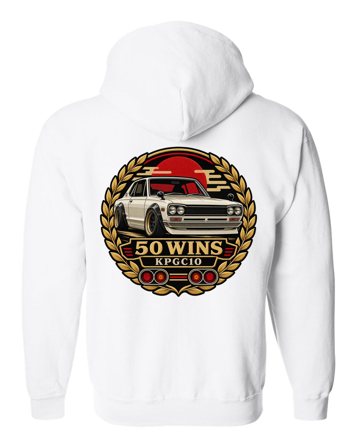 Round crest print for the Skyline Hakosuka KPGC10 with 50 Wins lettering white zip hoodie back view with the design