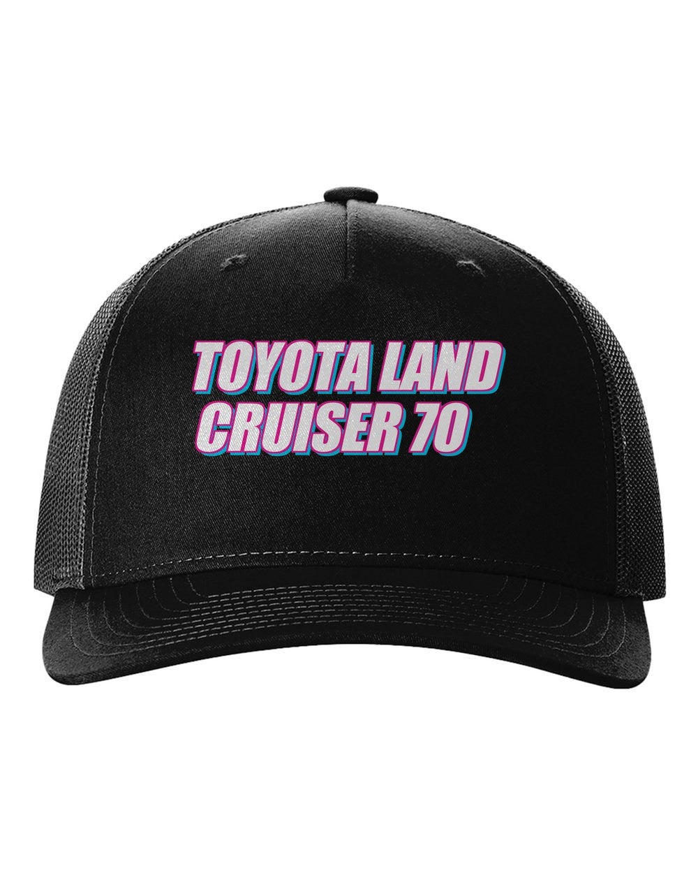 Toyota Land Cruiser 70 black hat front view with car name