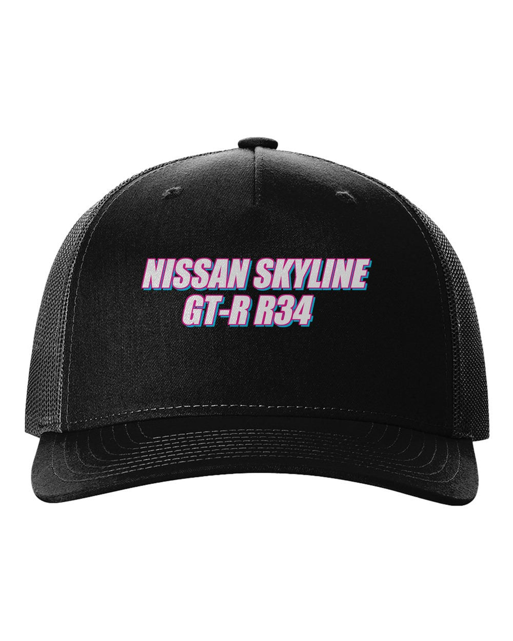 Nissan Skyline GT-R R34 black hat front view with car name