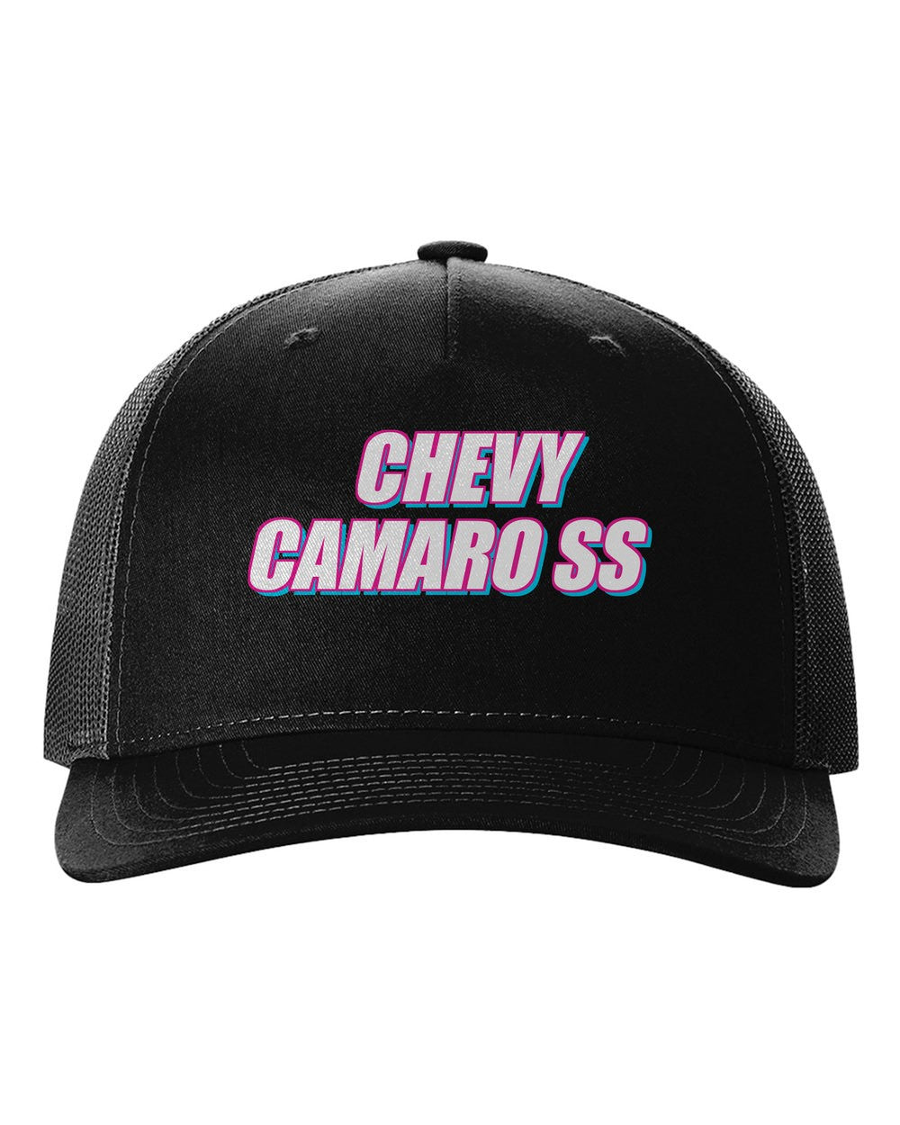 Chevy Camaro SS black hat front view with car name