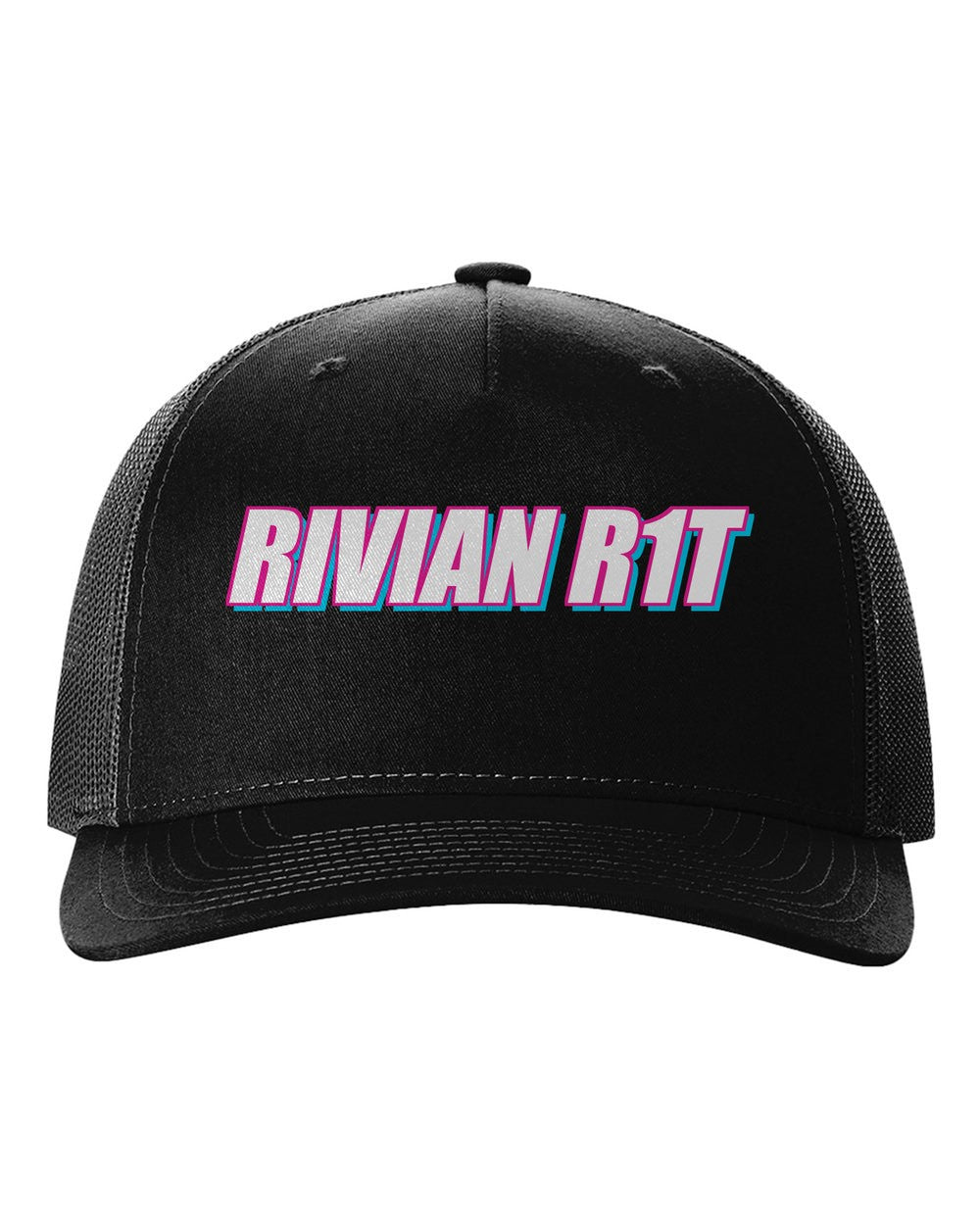 Rivian R1T black hat front view with car name