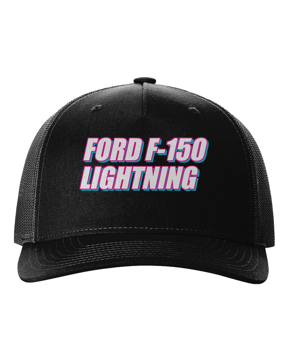 Ford F-150 Lightning black hat front view with car name