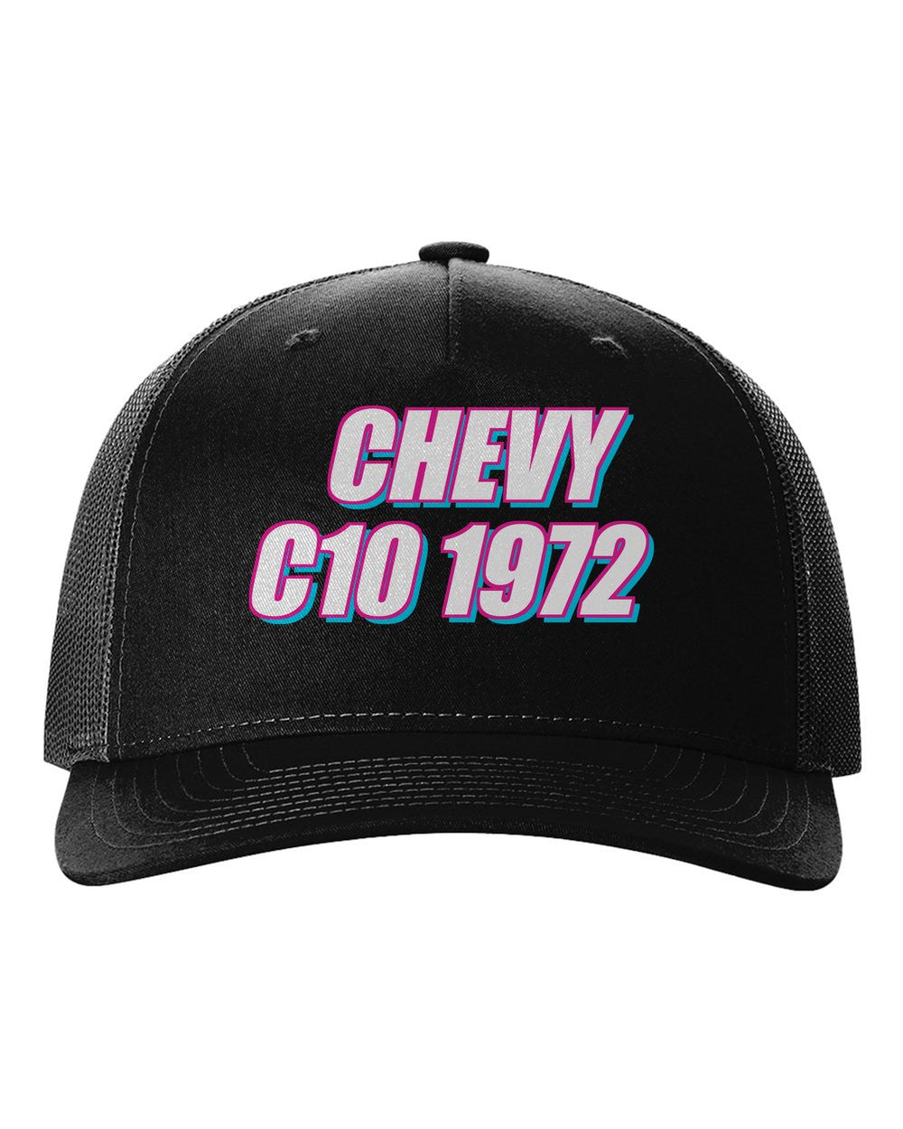 Chevy C10 1972 black hat front view with car name