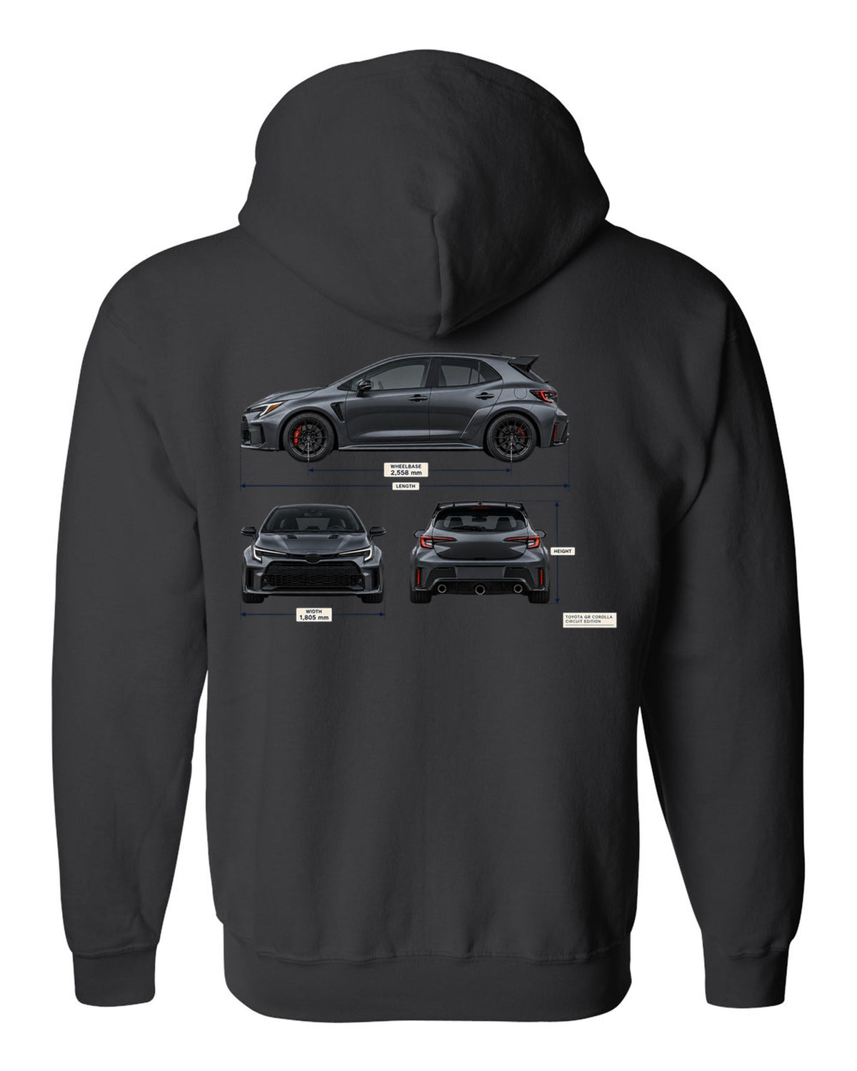 Toyota GR Corolla Core chback in Heavy Metal grey-blue with editorial headline text black zip hoodie back view with the design