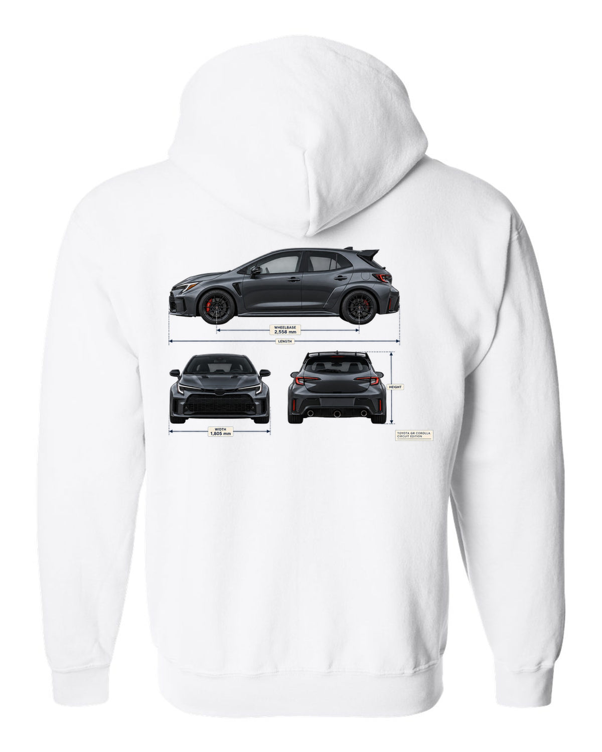 Toyota GR Corolla Core chback in Heavy Metal grey-blue with editorial headline text white zip hoodie back view with the design
