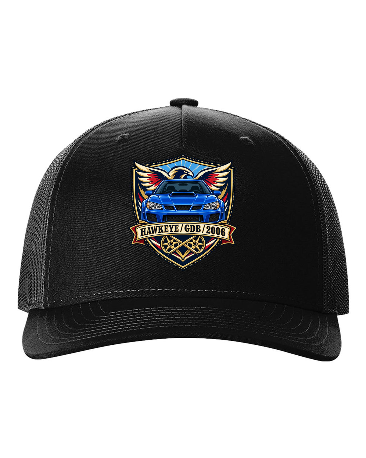 Subaru Impreza WRX STI GDB Hawkeye varsity crest print reading HAWKEYE / GDB / 2006 black hat front view with the design